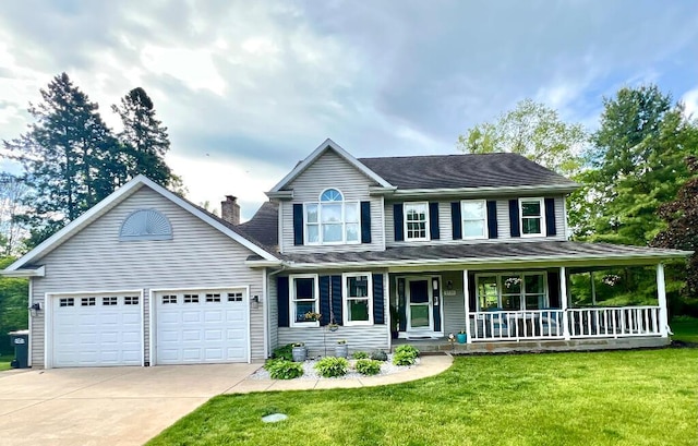 9220 Cotters Ridge Rd, Richland, MI 49083 - view of front of house with covered porch, driveway, a front lawn, a garage, and a chimney