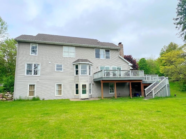 9220 Cotters Ridge Rd, Richland, MI 49083 - back of house featuring a chimney, a wooden deck, a lawn, and stairway