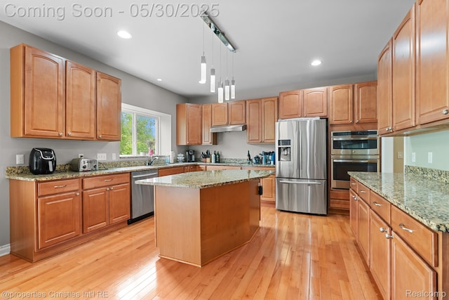 24516 Cavendish Ave E, Novi, MI 48375 - kitchen with stainless steel appliances, under cabinet range hood, light stone counters, light wood-type flooring, and recessed lighting