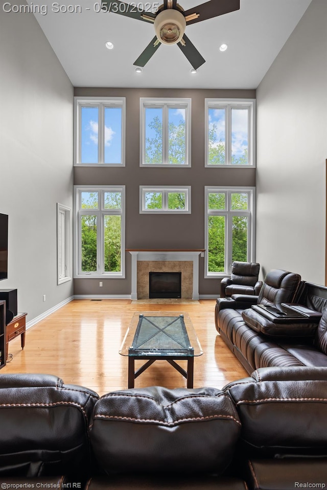 24516 Cavendish Ave E, Novi, MI 48375 - living area with a ceiling fan, healthy amount of natural light, wood finished floors, a towering ceiling, and recessed lighting