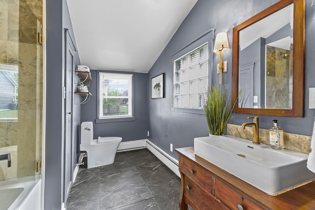 22432 Maple St, Saint Clair Shores, MI 48081 - full bathroom with toilet, vaulted ceiling, a shower, baseboard heating, and vanity