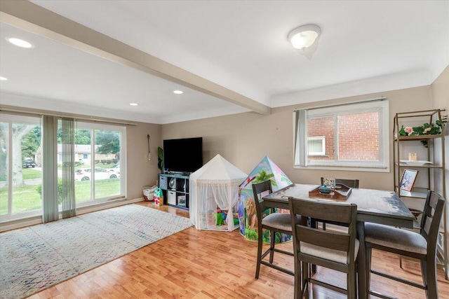 game room with light wood-style floors, recessed lighting, and baseboards