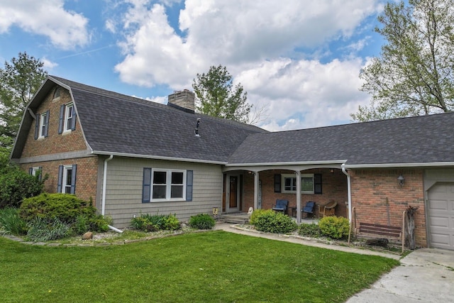 8277 Mccandlish Rd, Grand Blanc, MI 48439 - dutch colonial with a shingled roof, covered porch, brick siding, a front yard, and a chimney