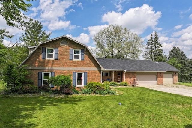 8277 Mccandlish Rd, Grand Blanc, MI 48439 - colonial inspired home with brick siding, a front lawn, a garage, and driveway