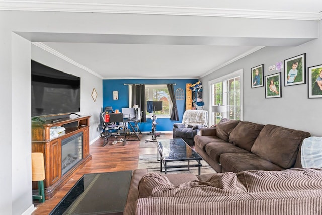8277 Mccandlish Rd, Grand Blanc, MI 48439 - living room with crown molding, wood finished floors, and baseboards