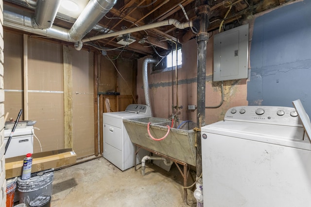 13734 Backus St, Southgate, MI 48195 - clothes washing area with electric panel and washing machine and clothes dryer