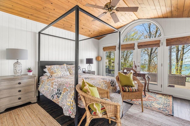 47130 Blue Star Hwy, Covert, MI 49043 - bedroom with hardwood / wood-style flooring, vaulted ceiling, access to exterior, multiple windows, and wood ceiling