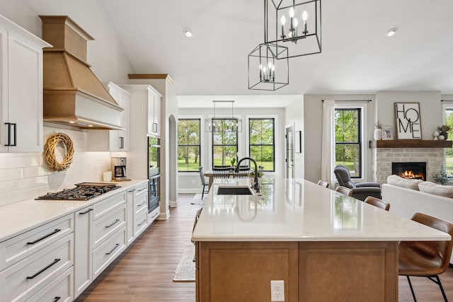 kitchen featuring a sink, custom exhaust hood, tasteful backsplash, appliances with stainless steel finishes, and a center island with sink