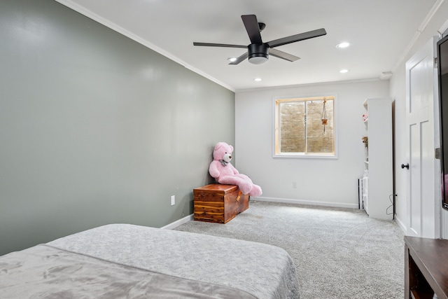 bedroom with carpet floors, ornamental molding, baseboards, recessed lighting, and ceiling fan