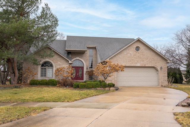 15845 Gardenia, Macomb, MI 48042 - french country home with brick siding, driveway, roof with shingles, a garage, and a front lawn