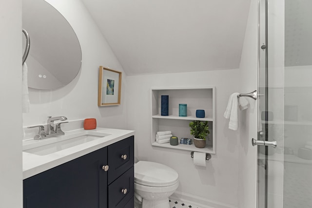full bath with lofted ceiling, a stall shower, toilet, and vanity