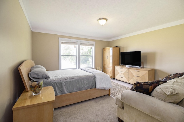carpeted bedroom with crown molding
