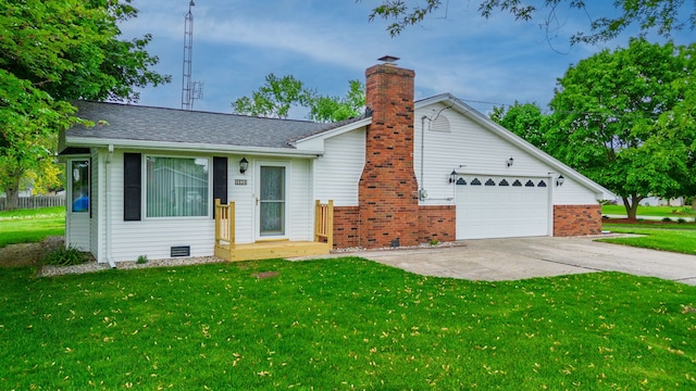 6934 Colonial Dr, Tecumseh, MI 49286 - view of front facade featuring driveway, a chimney, a front lawn, a garage, and roof with shingles