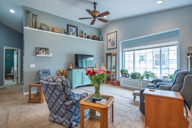 carpeted living area featuring lofted ceiling, ceiling fan, and recessed lighting