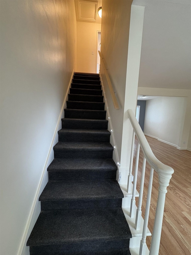 staircase featuring wood finished floors and baseboards