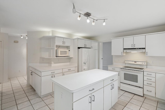 3239 Bellflower Ct, Ann Arbor, MI 48103 - kitchen featuring white appliances, open shelves, light tile patterned floors, under cabinet range hood, and a center island