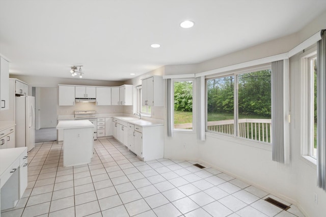 3239 Bellflower Ct, Ann Arbor, MI 48103 - kitchen featuring freestanding refrigerator, a sink, light countertops, light tile patterned floors, and white cabinets