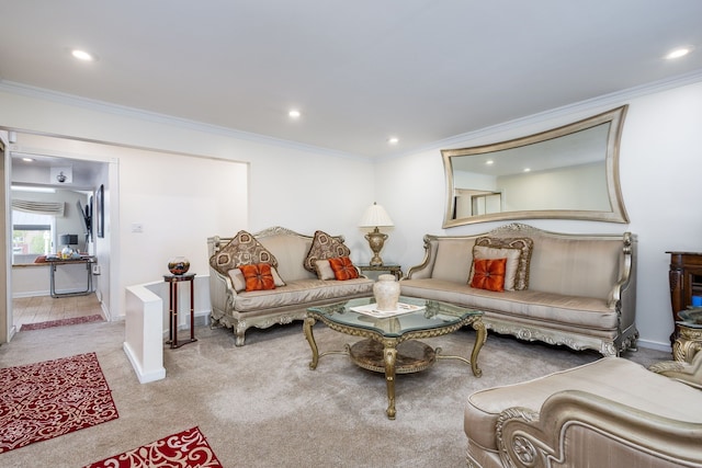 12848 E 14 Mile Rd, Warren, MI 48088 - living area with ornamental molding, recessed lighting, light colored carpet, and baseboards