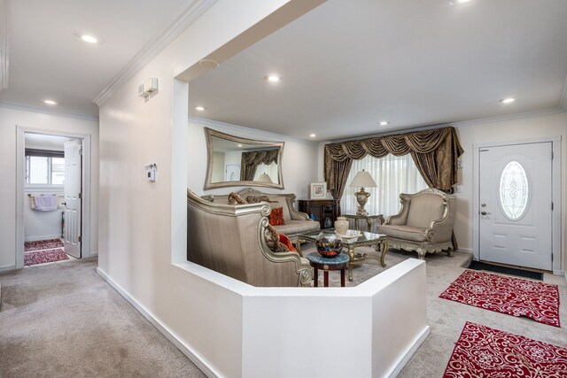 12848 E 14 Mile Rd, Warren, MI 48088 - living area featuring ornamental molding, carpet, recessed lighting, and baseboards