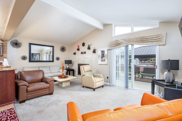 12848 E 14 Mile Rd, Warren, MI 48088 - carpeted living area with beam ceiling and high vaulted ceiling