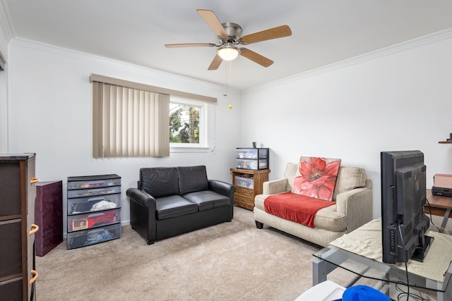 12848 E 14 Mile Rd, Warren, MI 48088 - living room with ornamental molding, carpet flooring, and a ceiling fan