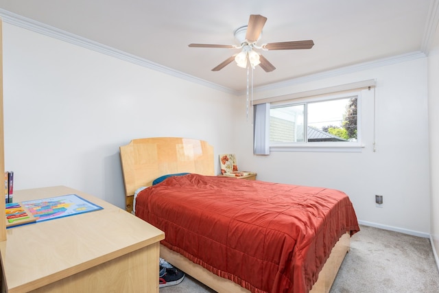12848 E 14 Mile Rd, Warren, MI 48088 - bedroom featuring light colored carpet, crown molding, baseboards, and ceiling fan
