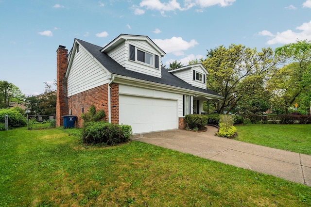 view of side of home with brick siding, driveway, a chimney, and a garage