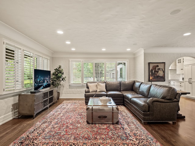 404 Linden Rd, Birmingham, MI 48009 - living room featuring crown molding, wood finished floors, arched walkways, baseboards, and recessed lighting