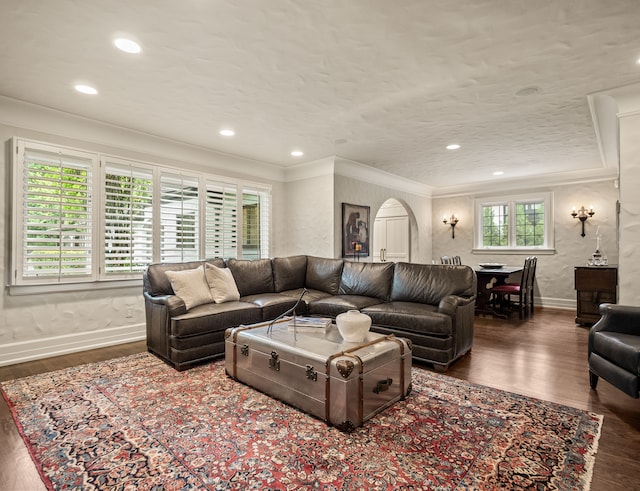 404 Linden Rd, Birmingham, MI 48009 - living area with baseboards, ornamental molding, wood finished floors, arched walkways, and recessed lighting