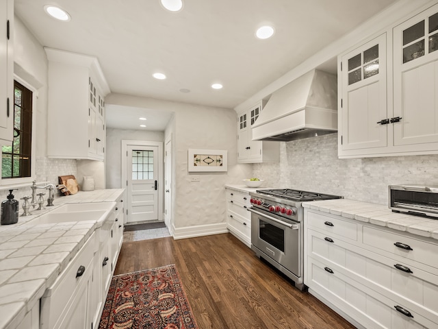 404 Linden Rd, Birmingham, MI 48009 - kitchen with designer range, custom range hood, a sink, baseboards, and white cabinets