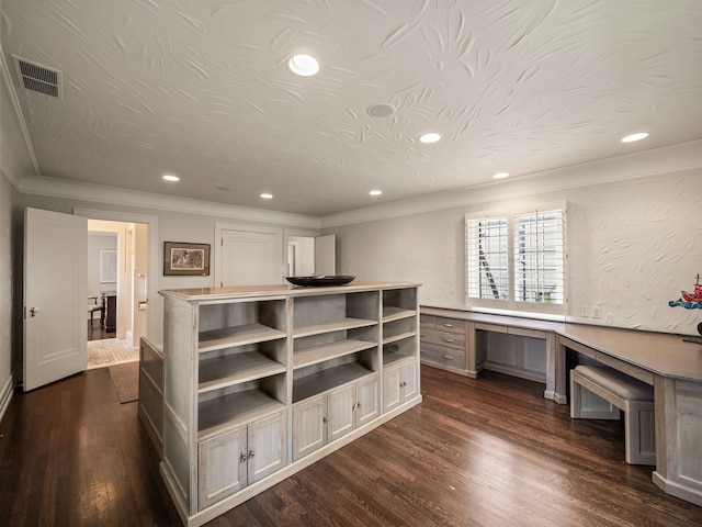 404 Linden Rd, Birmingham, MI 48009 - unfurnished office with built in desk, dark wood-type flooring, recessed lighting, and ornamental molding