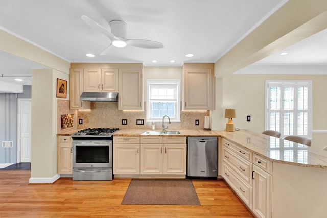 950 W Lincoln St, Birmingham, MI 48009 - kitchen featuring appliances with stainless steel finishes, under cabinet range hood, a sink, a peninsula, and light wood-style flooring