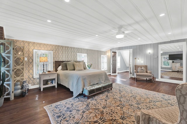 950 W Lincoln St, Birmingham, MI 48009 - bedroom featuring wallpapered walls, baseboards, multiple windows, wood finished floors, and recessed lighting