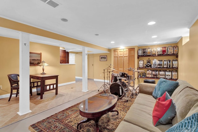 950 W Lincoln St, Birmingham, MI 48009 - living room with recessed lighting, baseboards, and ornamental molding
