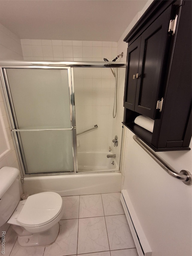 8200 E Jefferson Ave Unit 59/602, Detroit, MI 48214 - full bathroom with a baseboard heating unit, marble finish floors, toilet, and shower / bath combination with glass door