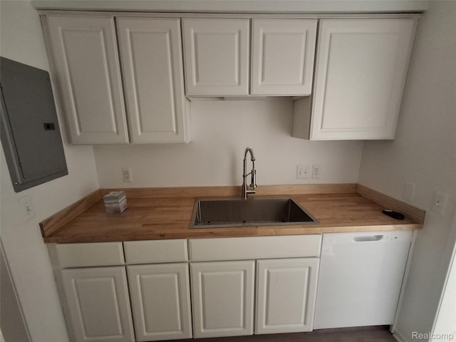 8200 E Jefferson Ave Unit 59/602, Detroit, MI 48214 - kitchen featuring butcher block counters, a sink, electric panel, and white cabinets