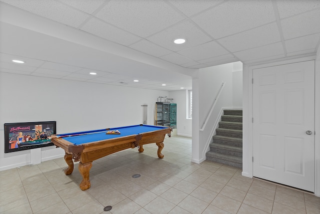 14190 Elmhurst Dr, Sterling Heights, MI 48313 - rec room featuring billiards table, recessed lighting, baseboards, a drop ceiling, and light tile patterned flooring