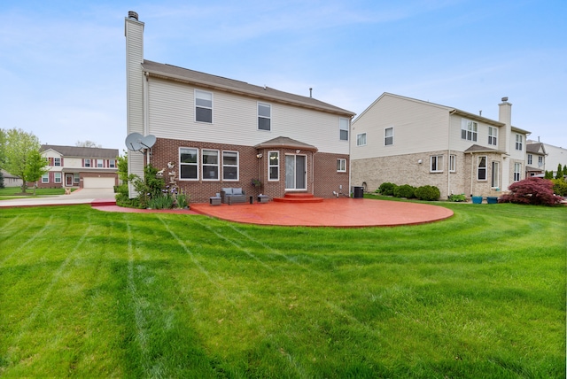 14190 Elmhurst Dr, Sterling Heights, MI 48313 - rear view of house featuring a chimney, a lawn, a patio area, and brick siding