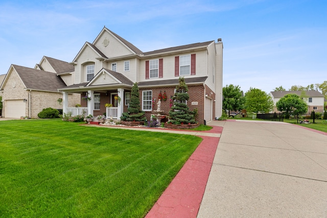 14190 Elmhurst Dr, Sterling Heights, MI 48313 - view of front facade with a chimney, a garage, a porch, and brick siding