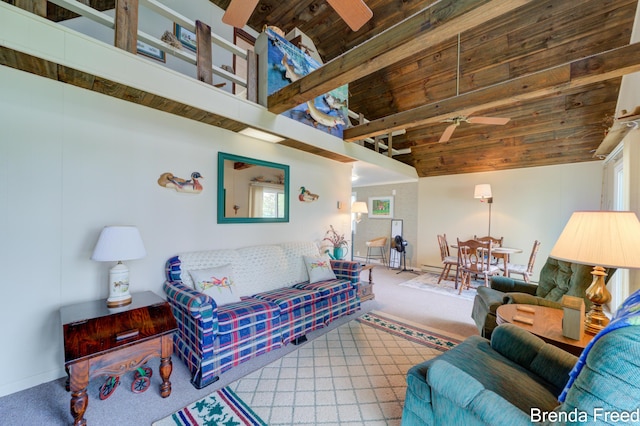 2551 Mayo Dr, Fremont, MI 49412 - living room with ceiling fan, carpet floors, and wooden ceiling