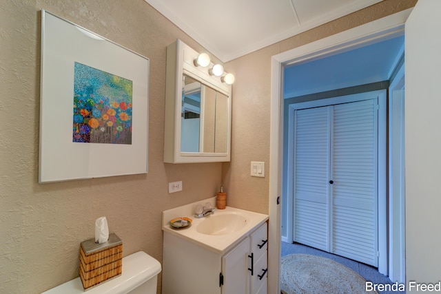 2551 Mayo Dr, Fremont, MI 49412 - half bathroom with vanity, toilet, and a textured wall
