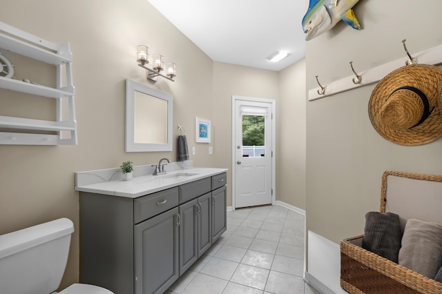 bathroom featuring toilet, vanity, and tile patterned floors