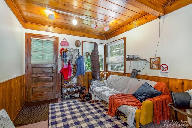 living area with wood walls, wainscoting, carpet, and wooden ceiling