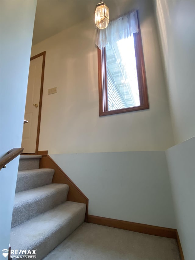 stairway with carpet and baseboards