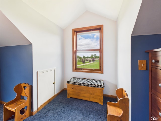 5015 Piehl Rd, Ottawa Lake, MI 49267 - sitting room featuring vaulted ceiling, carpet floors, and baseboards