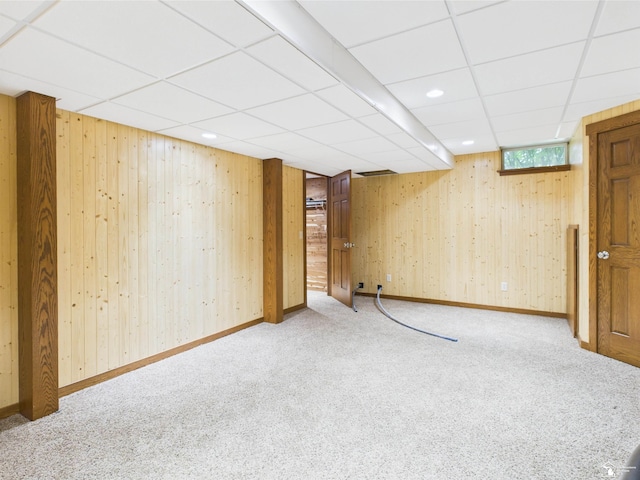 5015 Piehl Rd, Ottawa Lake, MI 49267 - below grade area with carpet, a drop ceiling, wooden walls, baseboards, and recessed lighting