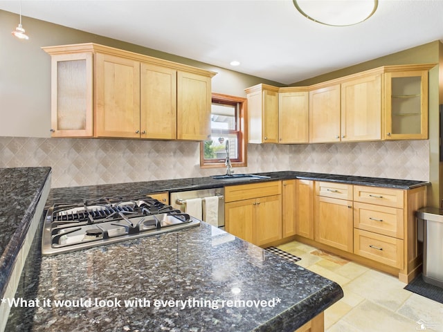 5015 Piehl Rd, Ottawa Lake, MI 49267 - kitchen with a sink, stainless steel gas cooktop, light brown cabinetry, glass insert cabinets, and recessed lighting