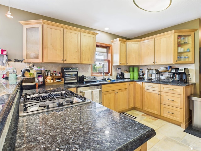 5015 Piehl Rd, Ottawa Lake, MI 49267 - kitchen featuring light brown cabinets, a sink, appliances with stainless steel finishes, backsplash, and glass insert cabinets