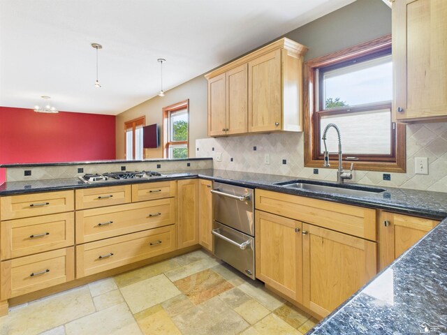 5015 Piehl Rd, Ottawa Lake, MI 49267 - kitchen featuring tasteful backsplash, a peninsula, light brown cabinets, and dark stone counters