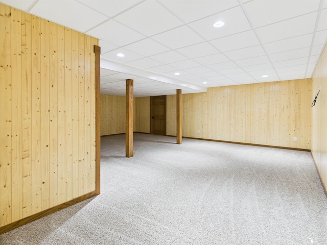 5015 Piehl Rd, Ottawa Lake, MI 49267 - finished basement with carpet flooring, a paneled ceiling, wooden walls, and recessed lighting